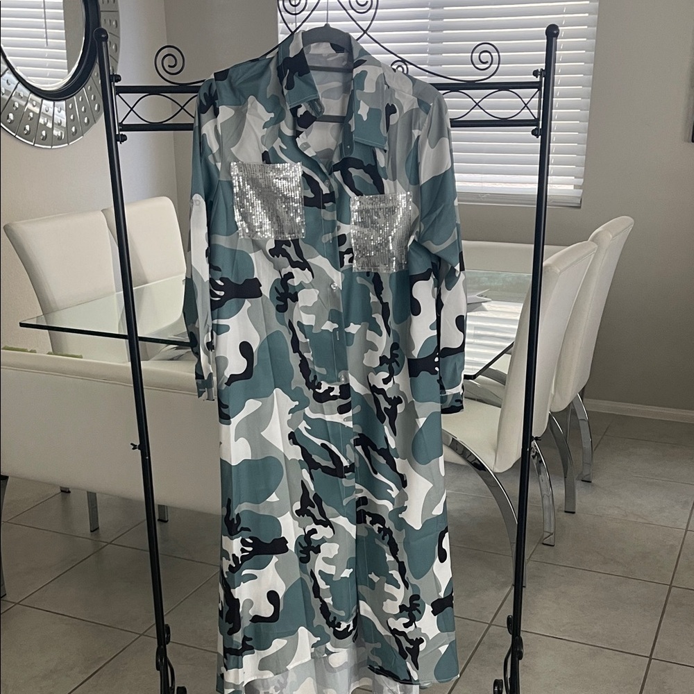 Camouflage Long Sleeve Dress with Sequin Pockets
